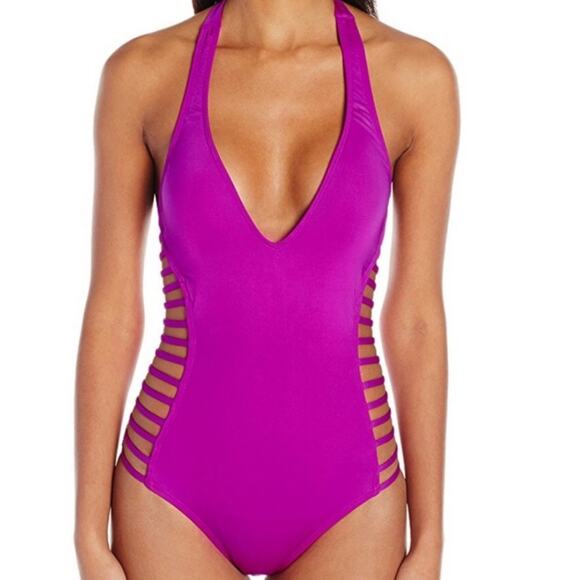 Kenneth Cole New York One Piece Swimsuit Halter Cut Out Sides Fuchsia Medium - Picture 1 of 11
